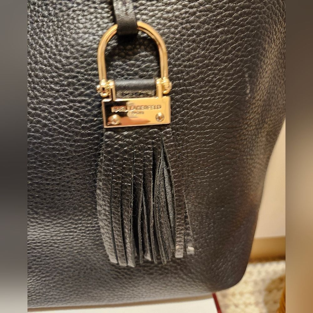 Karl Lagerfeld Paris "Lock Charm" Black Pebbled Leather Tote Bag, Retail $178 - Picture 3 of 11